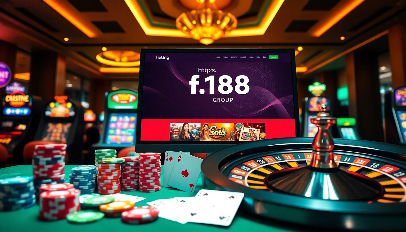 Experience thrilling gambling at https://f168.group/ with vibrant casino elements like poker chips and digital slots.