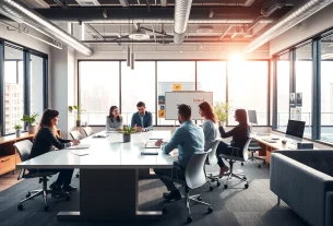 Collaboration in a vibrant agence de branding setting showcasing creativity and teamwork.