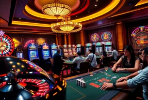 Exciting gambling action at nhà cái da88 with players strategizing around roulette and poker tables in a luxurious setting.