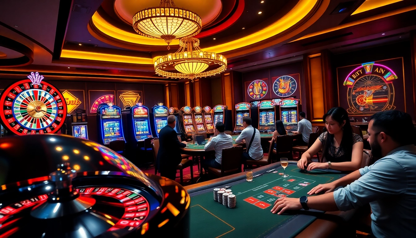 Exciting gambling action at nhà cái da88 with players strategizing around roulette and poker tables in a luxurious setting.
