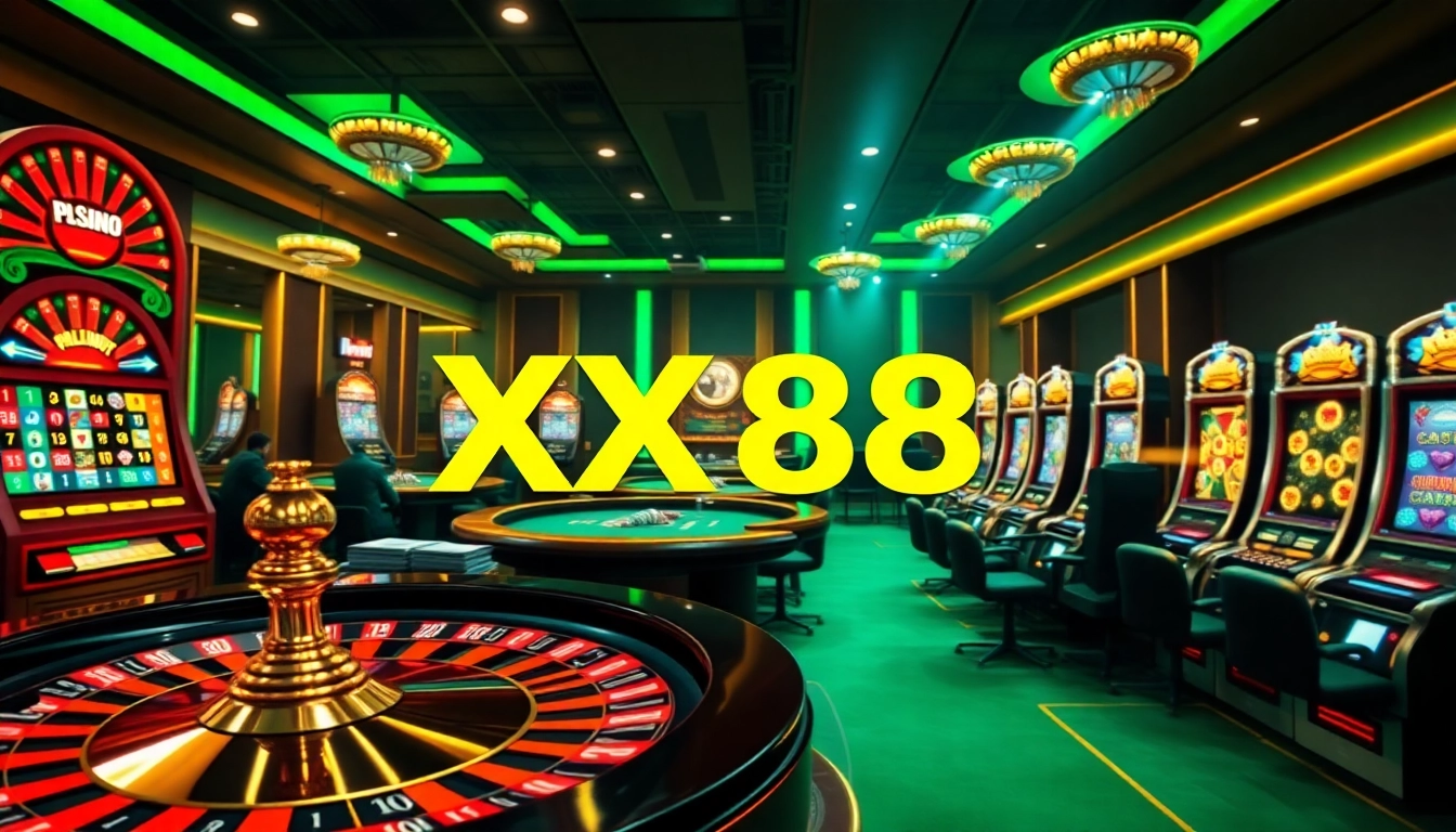 Experience the excitement of betting at XX88, featuring dynamic casino tables and vibrant slot machines.
