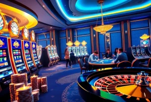 Players enjoying a thrilling game at nhà cái lucky88 casino, showcasing vibrant slot machines and poker tables.