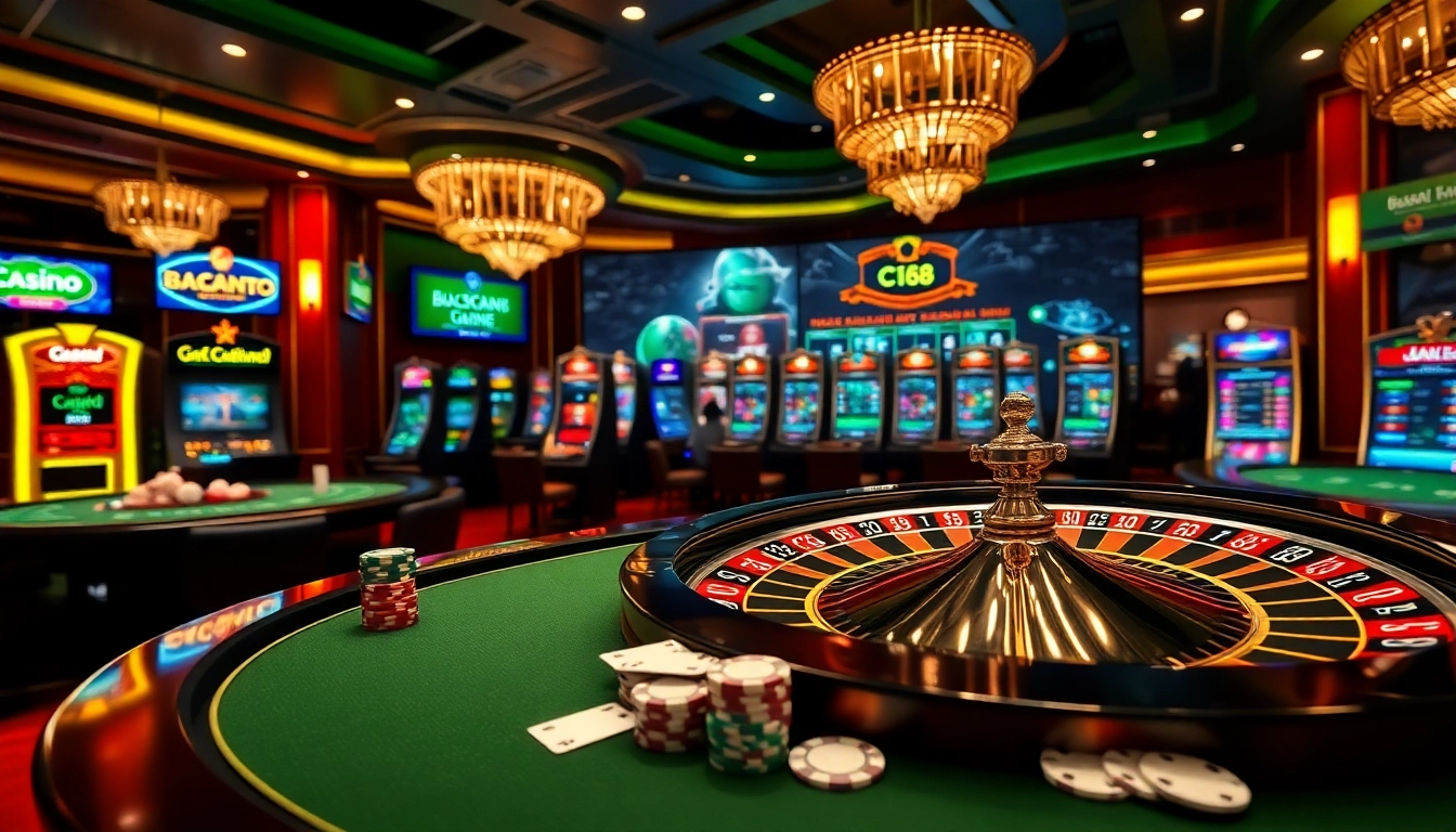 C168 online casino scene with vibrant games, luxury atmosphere, and professional gambling elements.