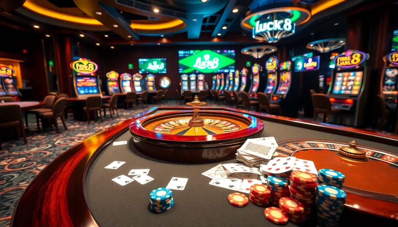 Experience the thrilling atmosphere of Luck8 Casino with vibrant gaming tables and exciting slot machines.