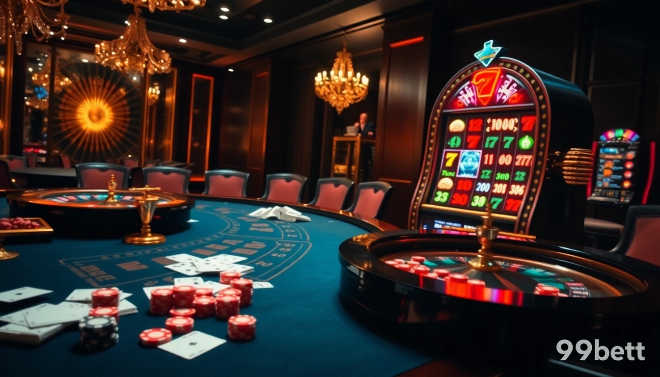 Gambling excitement at https://9bet.living/, featuring roulette wheels and vibrant slot machines.