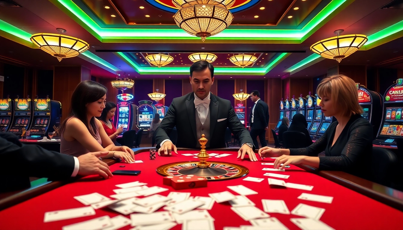 Gambling action at nhà cái 9bet with players at a live dealer table, vibrant colors, and casino elements.