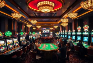 Experience thrilling gameplay at PS99, featuring elegant casino tables and vibrant slot machines.