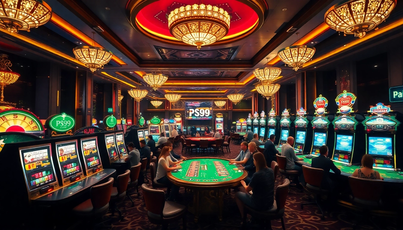 Experience thrilling gameplay at PS99, featuring elegant casino tables and vibrant slot machines.