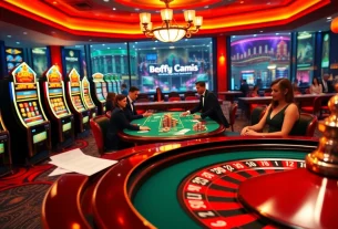 Exciting gambling action at https://fly88h.com/ with players at a casino table and vivid slot machines.