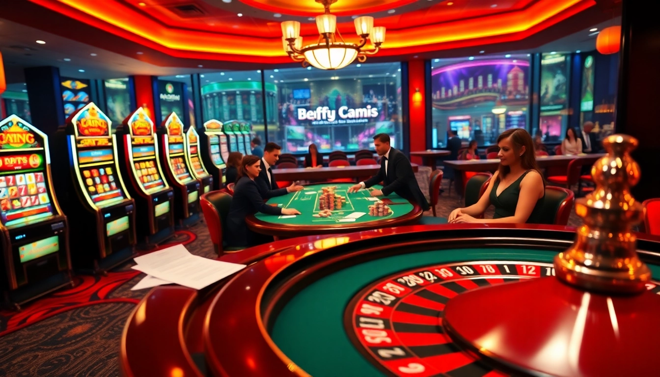 Exciting gambling action at https://fly88h.com/ with players at a casino table and vivid slot machines.