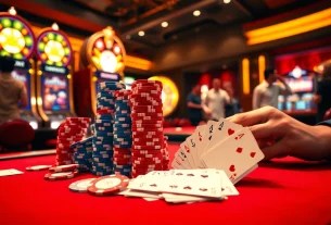 33win players celebrating a winning moment at a luxurious casino table with vibrant poker chips.