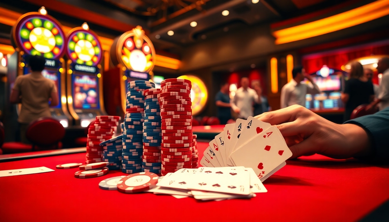 33win players celebrating a winning moment at a luxurious casino table with vibrant poker chips.