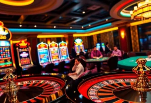 Experience the excitement of a luxurious casino showcasing nhà cái uy tín with roulette tables and slot machines.