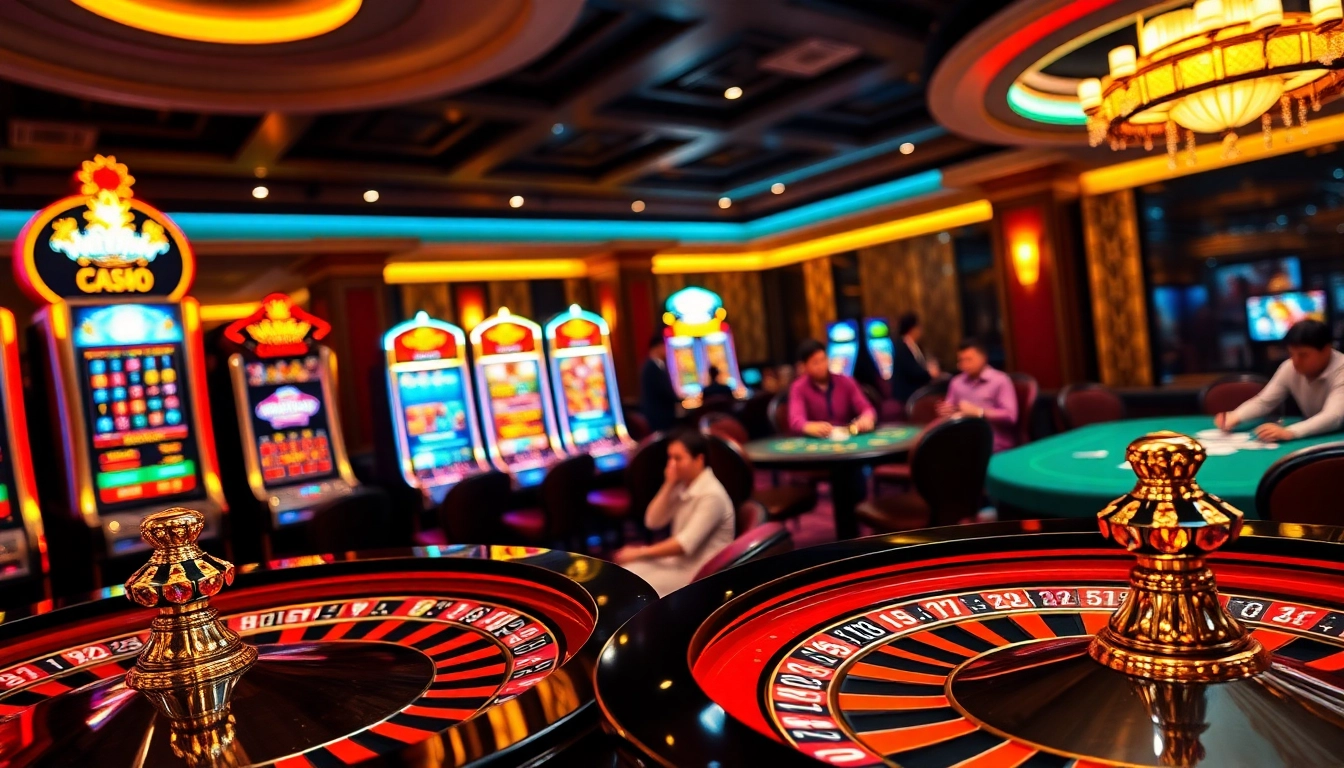 Experience the excitement of a luxurious casino showcasing nhà cái uy tín with roulette tables and slot machines.