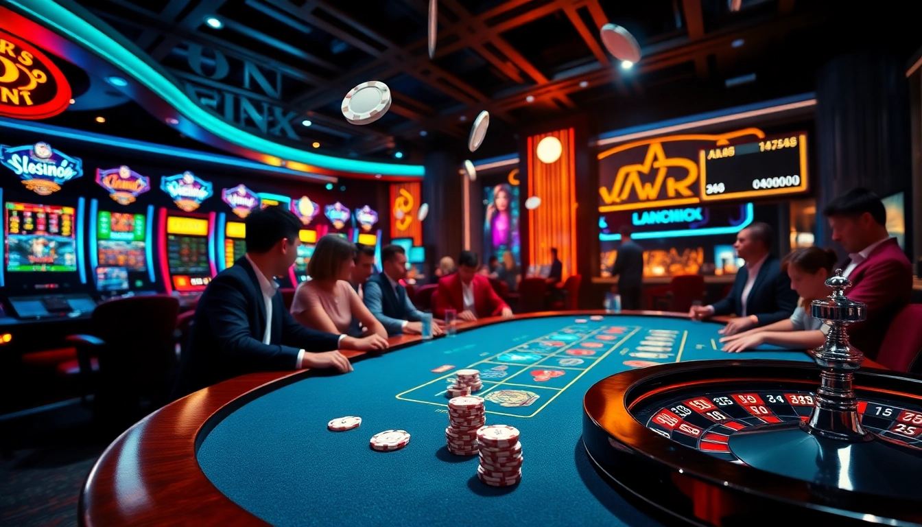 High-stakes gaming at a casino en ligne france with players and vibrant digital interfaces.