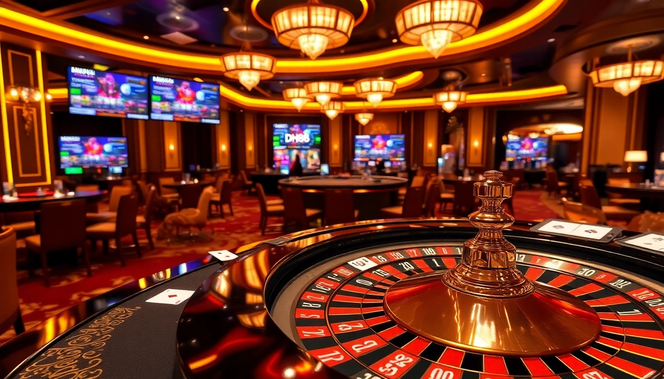 Experience high-stakes gameplay at DH88 casino with luxurious gaming tables and vibrant roulette wheels.