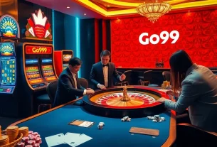 Go99 casino scene showcasing vibrant slot machines and engaged players in a luxurious setting.