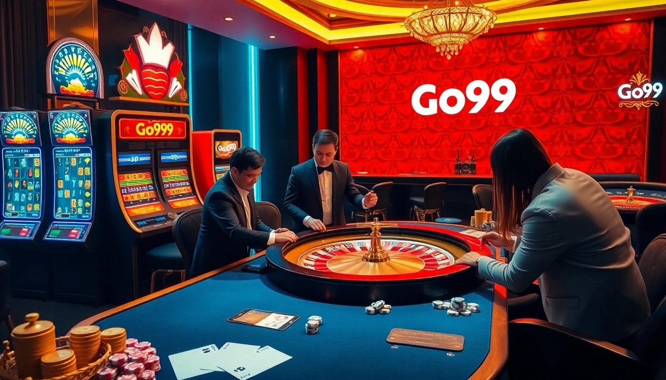 Go99 casino scene showcasing vibrant slot machines and engaged players in a luxurious setting.