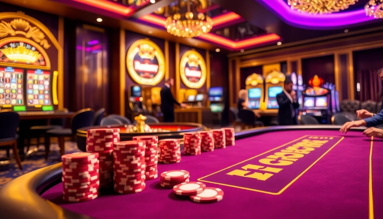 Exciting casino scene featuring HM88 poker tables and vibrant slot machines.