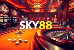 Experience thrilling gameplay at SKY88 casino featuring poker tables and slot machines.