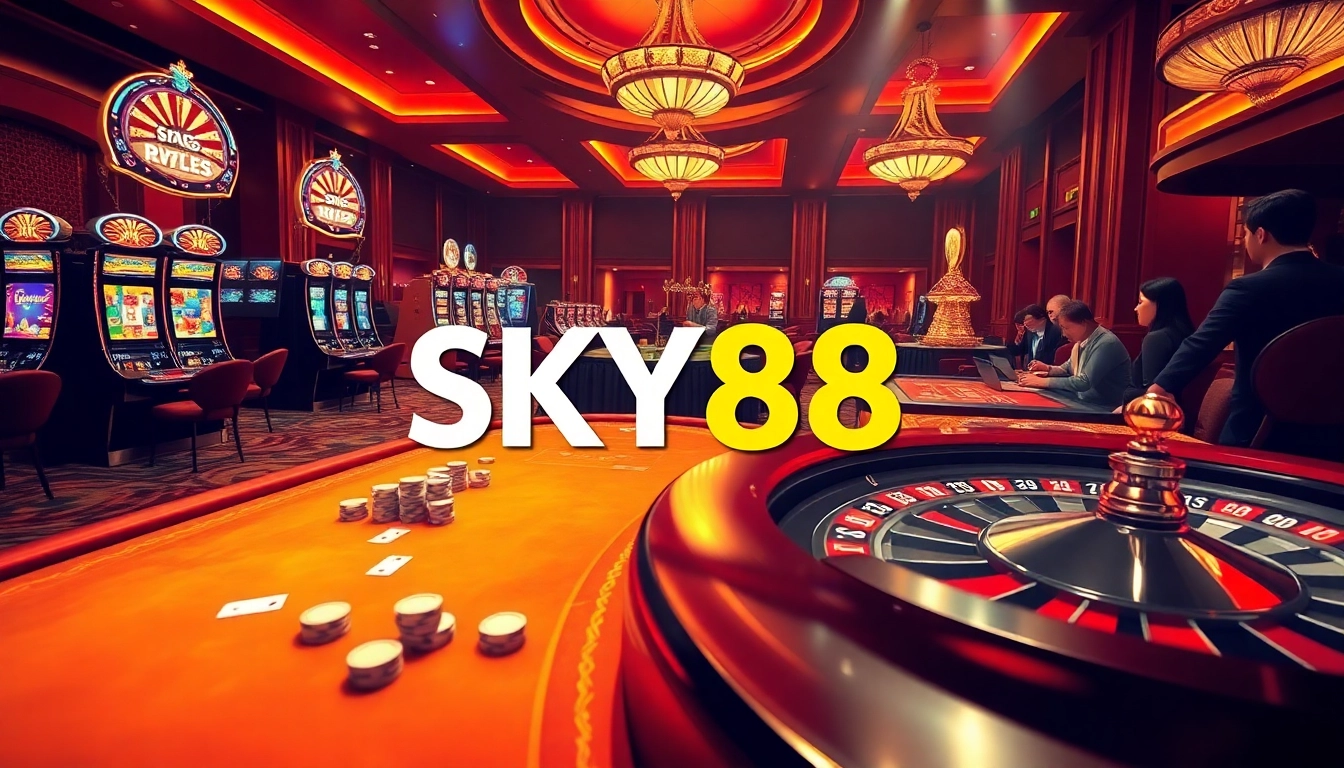 Experience thrilling gameplay at SKY88 casino featuring poker tables and slot machines.