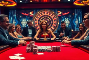 F168 poker table ambiance featuring vibrant action in a luxurious casino setting.