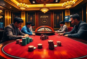 Experience the thrill of casino gaming with OK8386, showcasing poker chips and roulette tables.