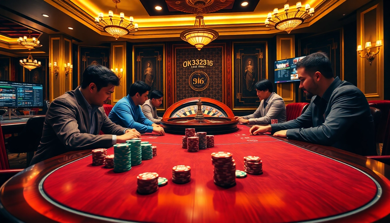Experience the thrill of casino gaming with OK8386, showcasing poker chips and roulette tables.