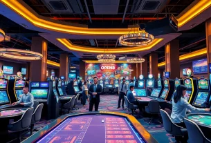 Experience the vibrant gaming atmosphere at OPEN88, showcasing modern gaming tables and colorful slot machines.