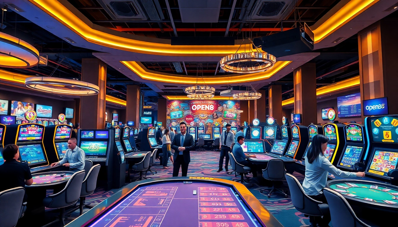 Experience the vibrant gaming atmosphere at OPEN88, showcasing modern gaming tables and colorful slot machines.
