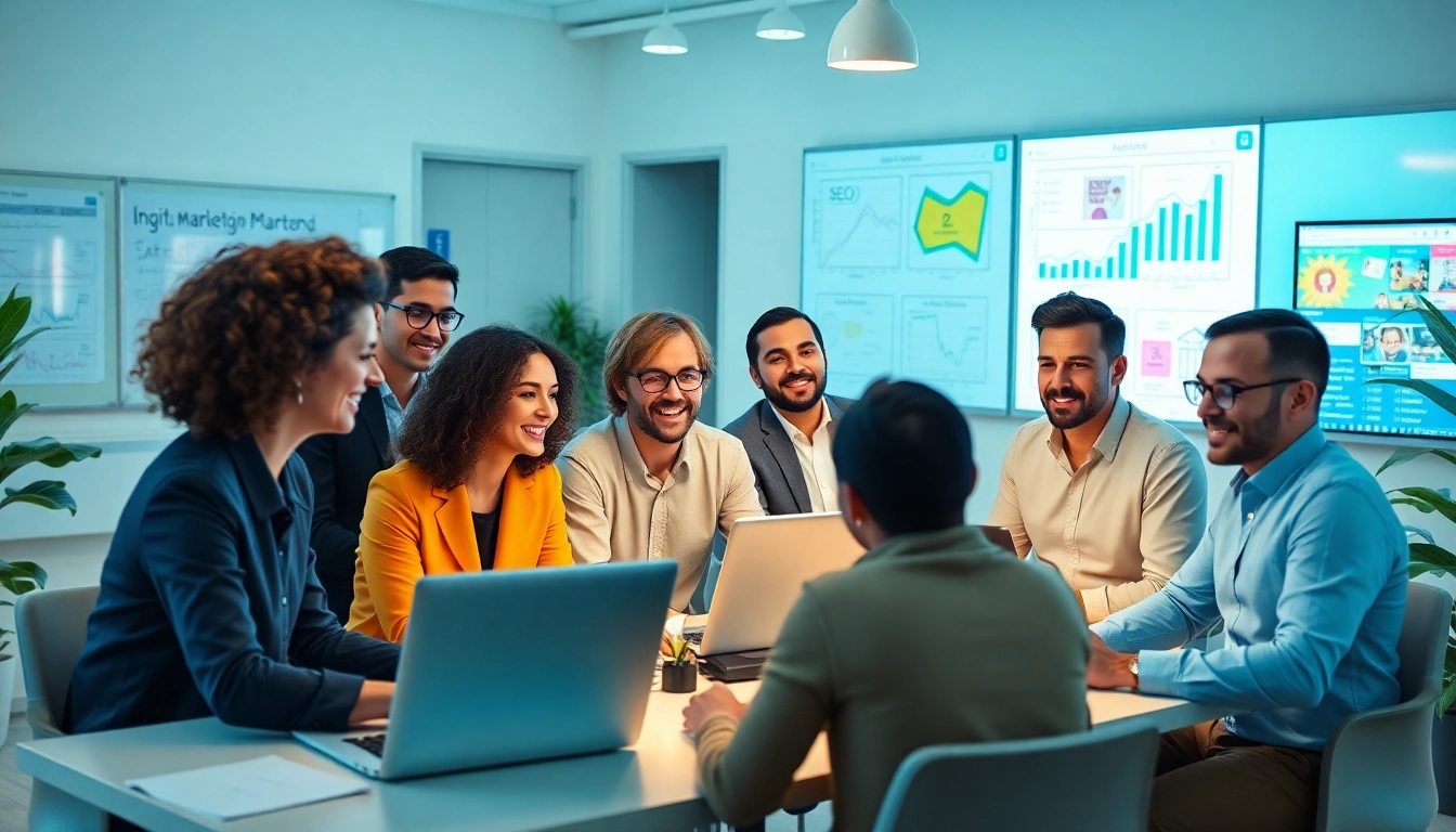 Trabajo en equipo dinámico en una agencia de marketing digital creando estrategias de marketing innovadoras.